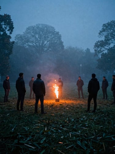 Wide environmental shot of men gathered in a dark park at dawn, cool blue mist, single orange sunrise flare lighting silhouettes, gritty 35mm film style.