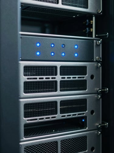 Macro detail of a clean server rack with blue indicator lights, desaturated cool tones, sharp focus, technical framing.