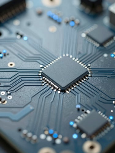 Macro detail shot of a custom-engineered circuit board with clean silicon traces and blue indicator LEDs under cool diffused daylight.