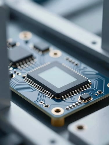 Macro detail of a high-precision custom circuit board integrated with a clean modern digital interface, cool diffused daylight, sharp focus, architectural framing