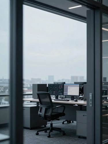 Clean architectural shot of a modern technical workspace in Lewiston, cool diffused daylight, desaturated blue and charcoal tones, sharp focus