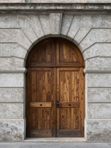 Straight-on architectural elevation of a restored stone archway meeting clean concrete, natural diffused daylight, sharp focus, 35mm