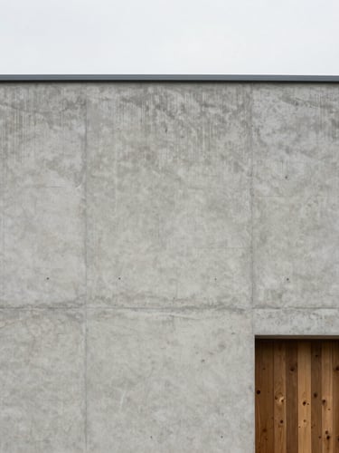 Straight-on architectural elevation of a minimalist concrete facade, raw texture, diffused overcast daylight, sharp focus, 35mm