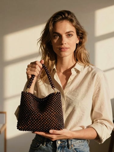 Editorial portrait of founder Sabrina Clarke in a sun-drenched Amsterdam studio, holding a partially threaded beaded handbag, warm golden-hour lighting, 35mm
