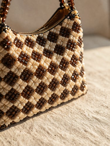 Close-up of a finished beaded handbag resting on a neutral linen surface, showcasing the intricate patterns and premium glass finish, warm tones