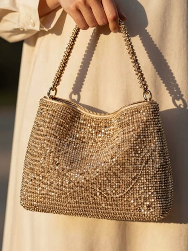 Model styling a handcrafted beaded champagne-toned handbag in warm golden-hour sunlight, detailed texture of crystal beads against silk clothing