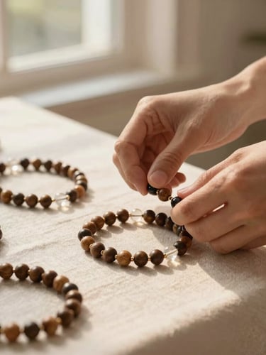 Close-up of hands arranging wooden and crystal beaded necklaces on a linen-covered display table, soft outdoor window light, warm tones