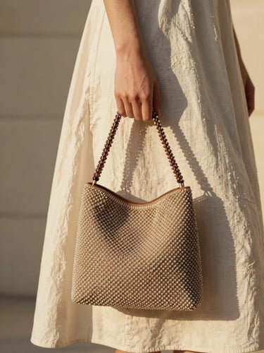 Elegant close-up of a woman in a cream linen dress holding a neutral beaded handbag, warm golden-hour sunlight casting soft shadows, 35mm photography