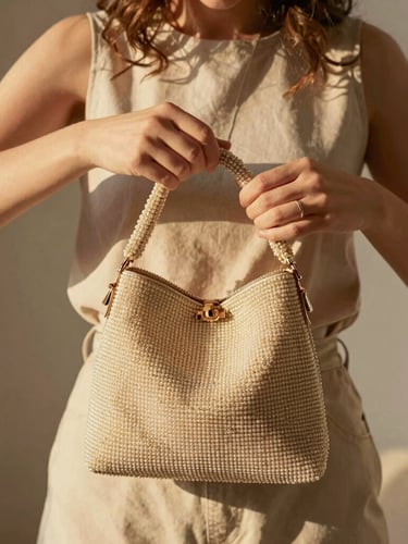 Editorial medium shot of a woman styling a champagne-colored beaded handbag, warm golden-hour light, soft focus, 35mm