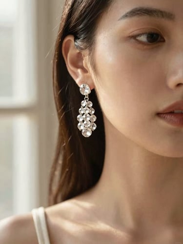 Close-up of elegant crystal beaded earrings catching warm natural window light, styled on a model with soft neutral makeup, shallow depth of field