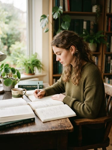 Focused student in a warm, well-lit study space, soft natural window light, shallow depth of field, 35mm