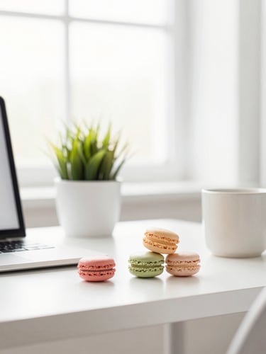 Bright high-key editorial photography, soft natural daylight, pastel macaron color accents, clean modern composition, 35mm. A neatly organized desk in a Des Moines office with a laptop, a small green plant, and a ceramic mug, warm and inviting atmosphere.
