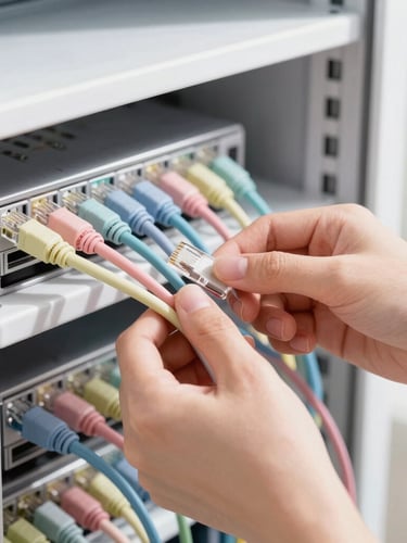 Bright editorial close-up of hands neatly organizing pastel-colored ethernet cables in a clean, modern white server rack, soft natural daylight, high-key lighting, 35mm