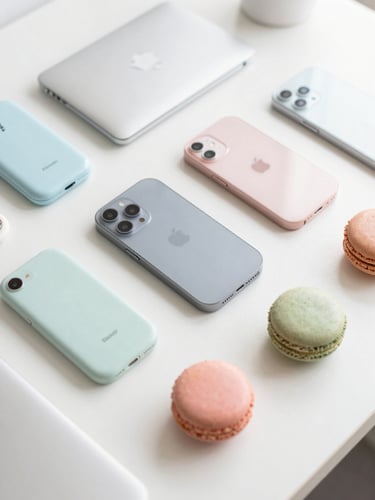 A bright overhead shot of neatly arranged pastel-colored tech devices on a clean white desk, soft daylight, 35mm