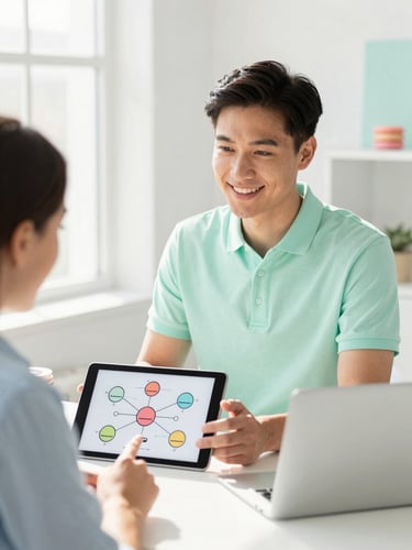 Bright high-key editorial photo of a friendly IT consultant in a soft mint green polo shirt, explaining a network diagram on a tablet to a local business owner in a sunlit Des Moines office, pastel colors, 35mm