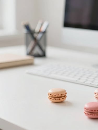 Bright high-key editorial photograph of a modern, neatly organized office desk in Des Moines with pastel macaron accents, soft natural daylight, 35mm