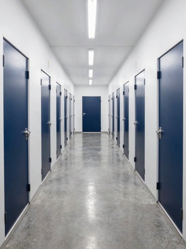 Symmetrical straight-on wide-angle shot of a bright, clinical storage corridor with clean navy doors, high-key overhead lighting, and reflective polished concrete floors.