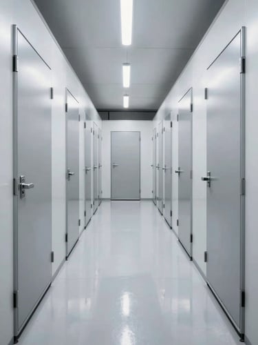 Bright symmetrical storage unit corridor with clean steel doors, high-key overhead lighting, reflective floor, sharp focus, 24mm wide-angle lens