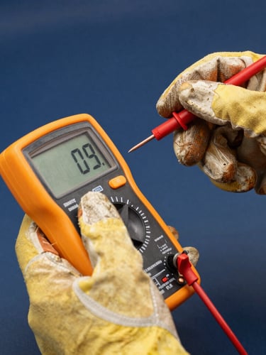 Close-up of a professional electrician's hands in safety gloves using a digital multimeter on clean copper wiring, sharp technical lighting, navy blue background