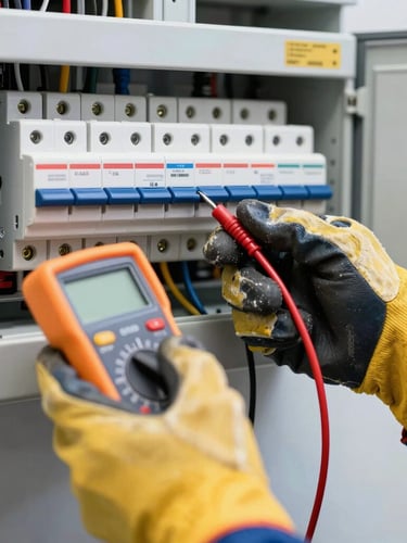 Close-up of a professional electrician's hands in safety gloves testing a modern breaker panel with a digital multimeter, sharp technical lighting, navy blue and safety yellow tones.