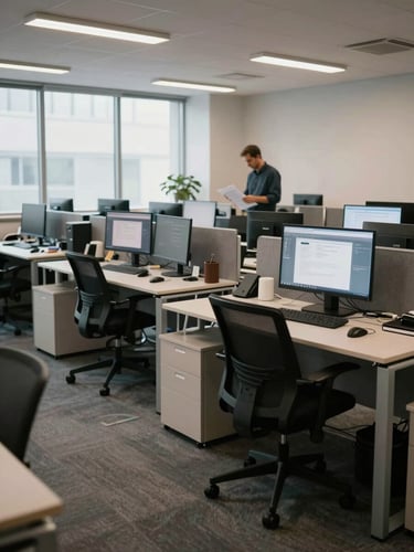 Wide environmental shot of an open-plan office floor, desks with monitors showing document editors, natural diffused window light from the left, one figure in the background reviewing papers at a standing desk, no faces visible, documentary framing