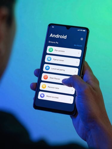 Macro over-the-shoulder shot of a developer testing a sleek Android interface on a modern device, cool studio lighting with vibrant electric blue and mint green neon backlighting, sharp contrast