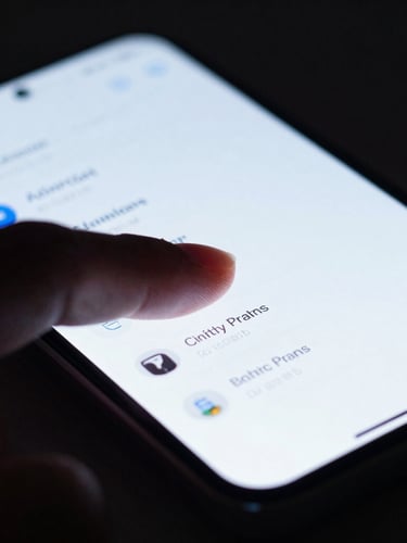Close-up macro shot of fingers interacting with a high-fidelity Android device showing a clean, functional lifestyle app interface, subtle blue neon accents, sharp contrast, depth of field