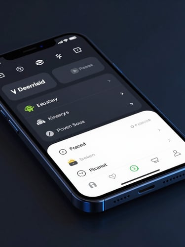Sleek Android smartphone mockup showing a clean dark-mode productivity dashboard interface, cool studio lighting with subtle blue neon accents, macro depth of field