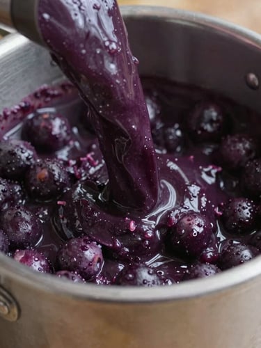 Close-up of thick purple açaí being beaten in a stainless steel machine, organic textures, natural daylight