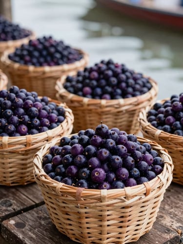 Close-up of raw purple açaí berries inside traditional wicker baskets called paneiros, resting on the wooden docks of the Ver-o-Peso market in Belém, soft humid morning daylight.