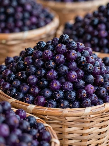 Close-up of fresh purple açaí berries piled high in traditional wicker paneiro baskets at the Ver-o-Peso market in Belém, natural humid daylight.