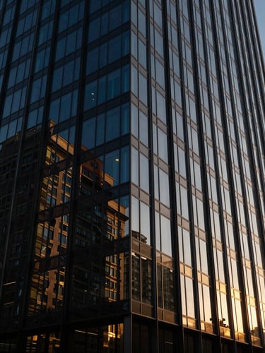 Wide-angle architectural shot of a modern glass high-rise at golden hour, sharp dramatic reflections, deep obsidian and royal blue tones, 35mm