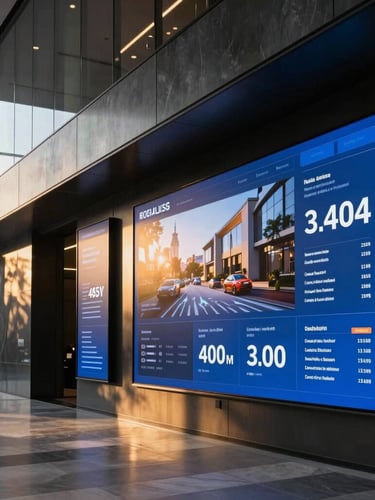 Sleek modern architectural interior with high-end digital displays showing real estate analytics, dramatic lighting, sharp focus, 35mm
