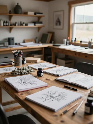 Interior of a rustic Wyoming design studio, natural wood tables covered in sketchbooks, ink bottles, and dried sagebrush branches, soft afternoon light.