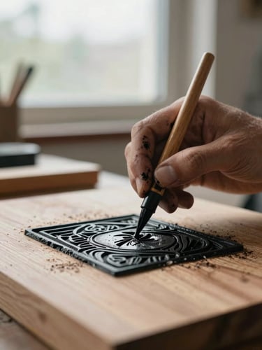 Close-up of ink-stained hands carefully carving a woodblock print, soft natural overcast daylight from a nearby window, textured wood grain visible.