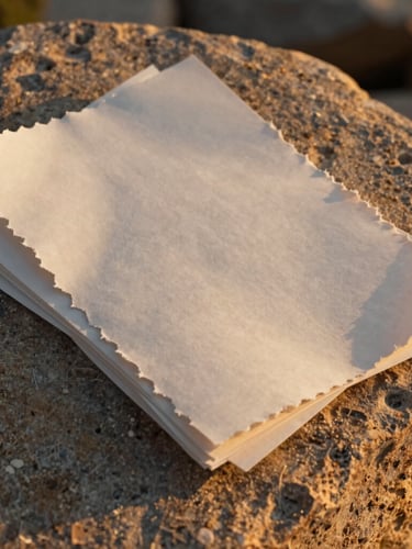 Wide-angle portrait view of textured, deckled-edge paper sheets resting on a raw sandstone block, illuminated by soft late-afternoon Wyoming golden hour light.