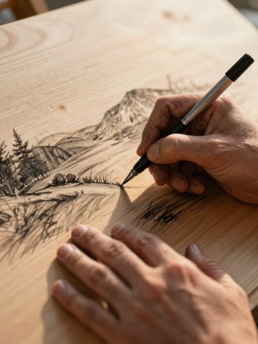 Close-up of artist hands covered in charcoal sketching a landscape on raw pine wood grain, warm late afternoon golden hour light, shallow depth of field.