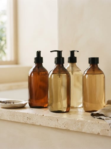 Editorial product shot of elegant Dellisi liquid soap bottles on a clean stone shelf, soft morning light, warm cream background, minimalist composition