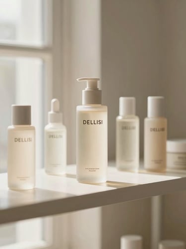 An elegant retail shelf mockup displaying minimalist Dellisi cosmetic bottles, soft morning window light, warm cream tones, shallow depth of field, 35mm