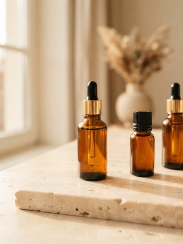Minimalist product photography of Dellisi amber glass bottles on a smooth travertine stone, soft morning window light, warm cream and neutral tones, shallow depth of field, 35mm