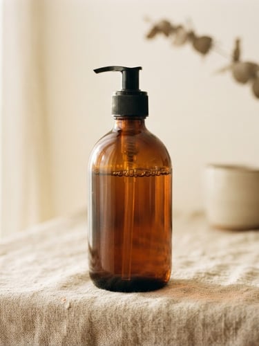Editorial macro shot of an elegant Dellisi amber glass liquid soap bottle on a raw linen surface, soft morning window light, warm cream tones, shallow depth of field, 35mm