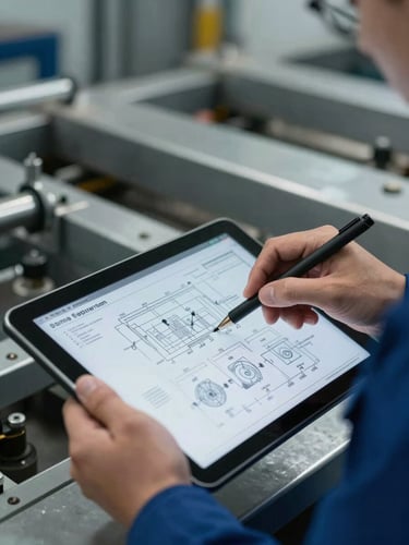 Close-up of an engineer's hands reviewing technical schematics on a digital tablet, industrial workshop background, cool daylight, steel gray and deep blue tones, sharp focus, technical detail, 35mm