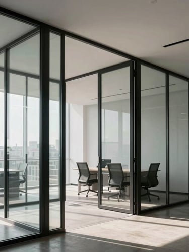 Wide architectural shot of a minimalist office interior with matte black metal profiles framing acoustic glass partitions, natural diffused daylight casting soft shadows, crisp glass-to-wall joints.