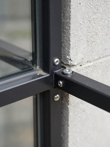 Close-up of a matte black metal profile glass joint meeting a concrete wall, crisp natural daylight, sharp focus on the zero-clearance hardware
