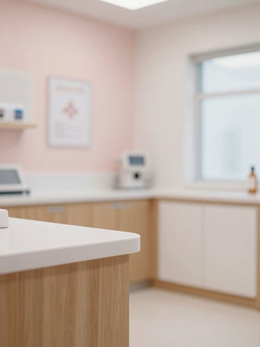 Serene clinical interior with warm wooden details, soft-focus medical aesthetics environment, clean and welcoming