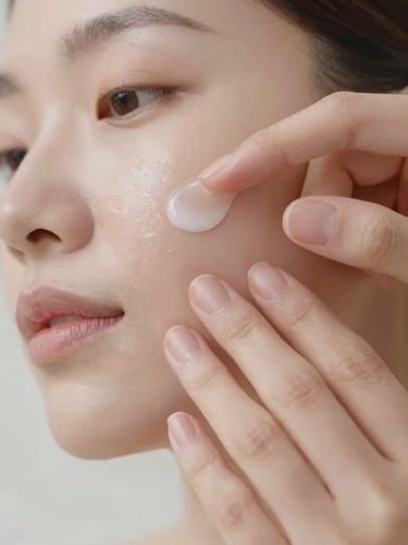 Soft-focus editorial photography, warm diffused daylight, macro shot of a gentle hand applying a delicate facial serum to glowing, healthy skin, shallow depth of field.