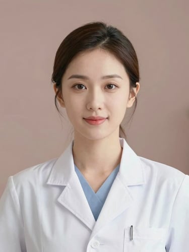 Elegant portrait of a clinical professional in a clean white coat, soft-focus background, warm lighting, serene atmosphere