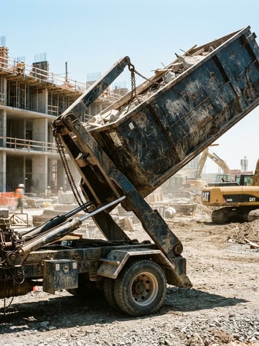 Rugged industrial photography of a heavy-duty steel roll-off dumpster on an active construction site, hydraulic truck arm lifting the container, bright direct sunlight, deep shadows, 35mm