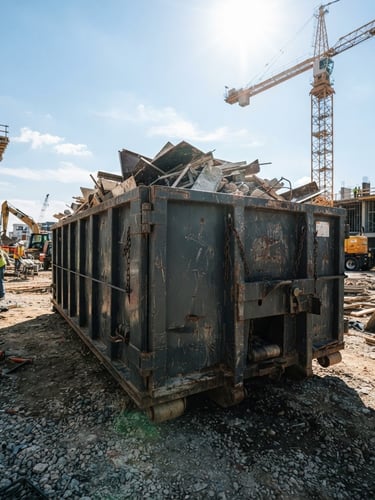 Low-angle heroic shot of a rugged charcoal roll-off dumpster on an active construction site, bright direct midday sun, high-contrast metallic textures, deep shadows