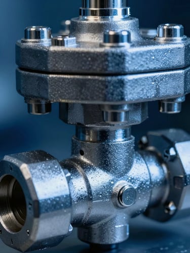 Macro close-up of a stainless steel pneumatic control valve, dramatic side-lighting, deep blue and steel tones, sharp focus, 50mm